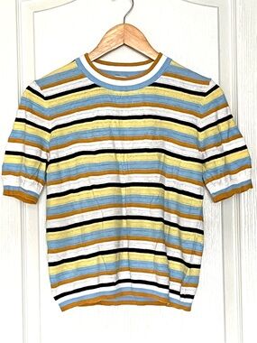 Zara Striped Open Knit Crochet Short Sleeve Sweater Top Size 8  Preppy Festival